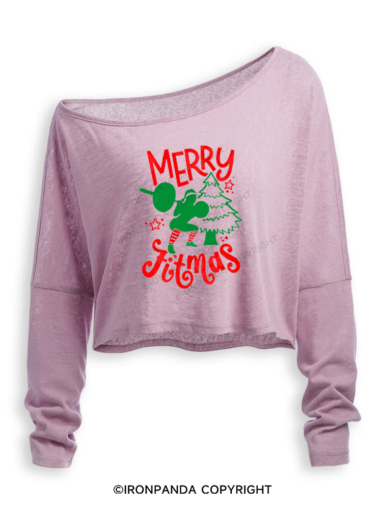 MERRY FITMAS FUNNY STRONG CHRISTMAS Off Shoulder Long Sleeve Crop Top