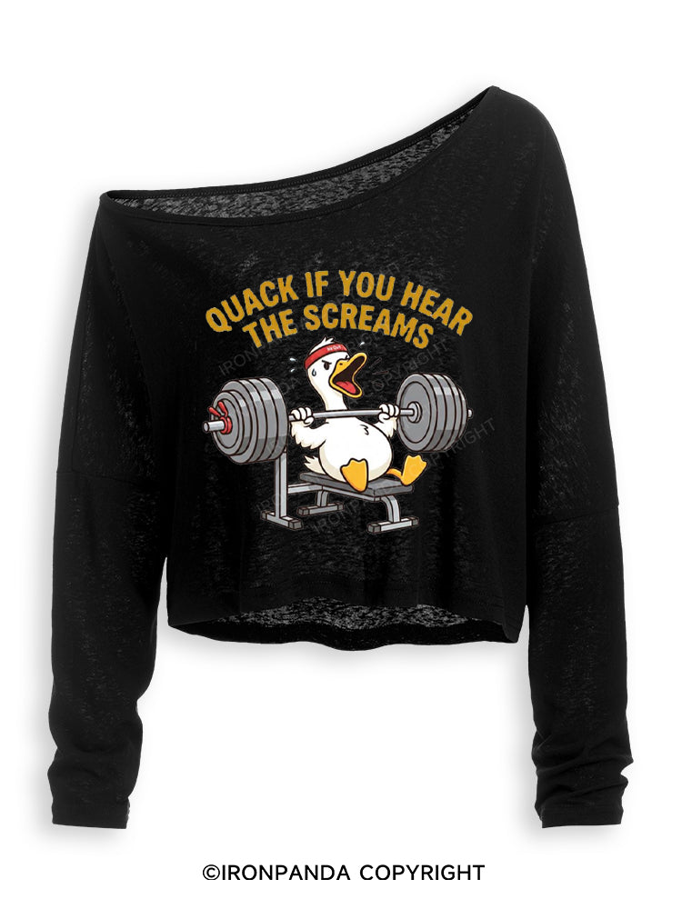 QUACK IF YOU HEAR THE SCREAMS Off Shoulder Long Sleeve Crop Top