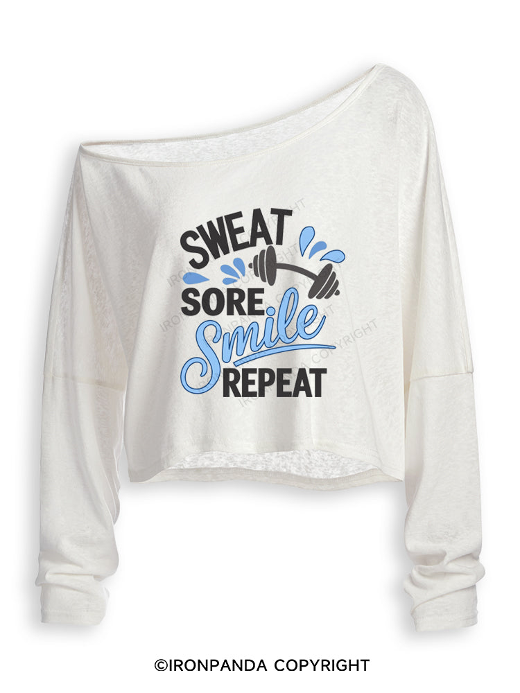 SWEAT SORE SMILE REPEAT Off Shoulder Long Sleeve Crop Top