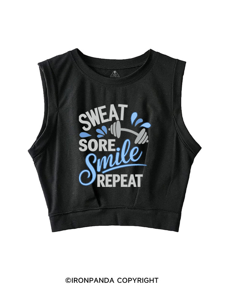 SWEAT SORE SMILE REPEAT SLEEVELESS CROP TOPS