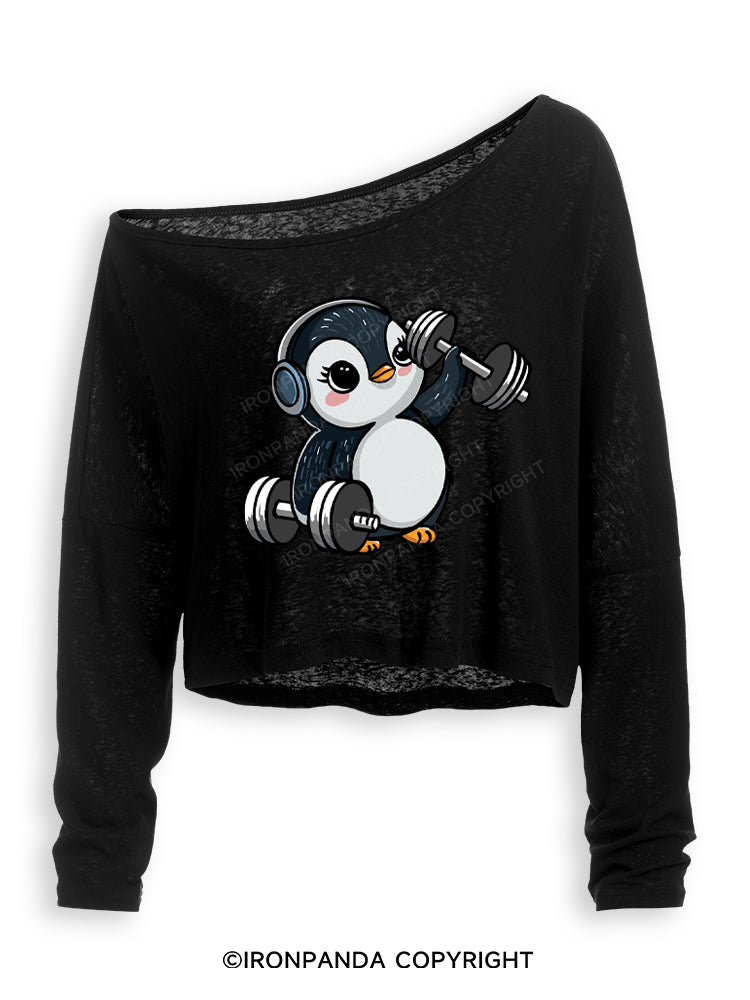 DUMBBELL PENGUIN Off Shoulder Long Sleeve Crop Top