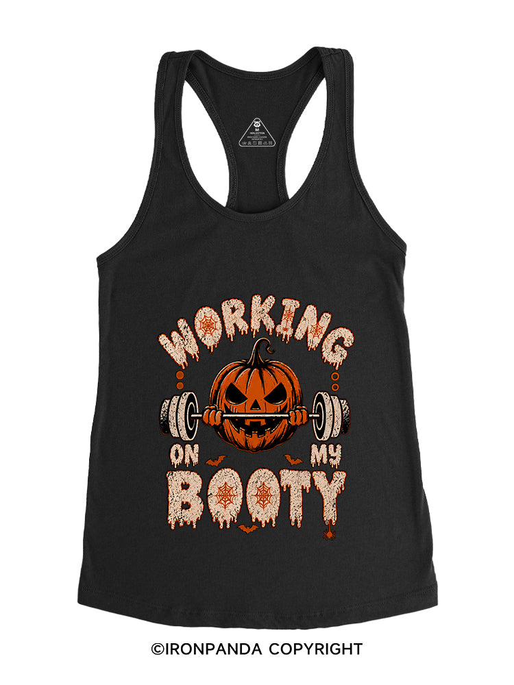WORKING ON MY BOOTY FUNNY HALLOWEEN PUMPKIN Gym Racerback Tank