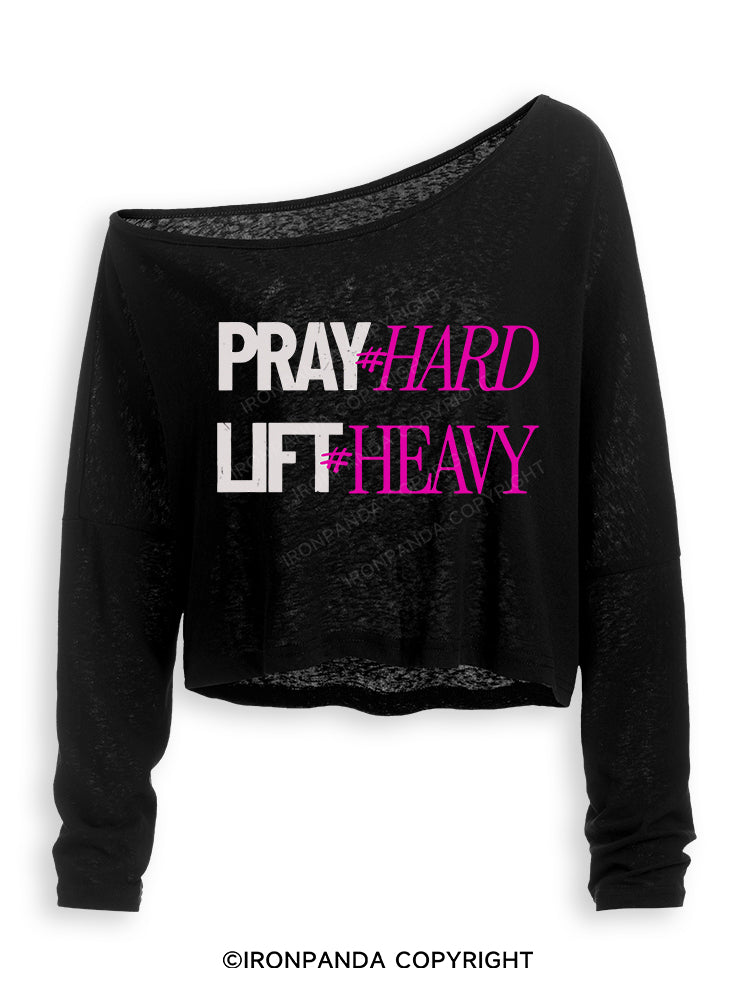 PRAY HARD # LIFT HEAVY GYM Off Shoulder Long Sleeve Crop Top