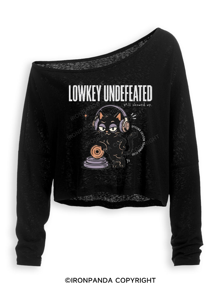 LOWKEY UNDEFEATED STILL SHOWD UP SPOOKY SEASON TRAINING CLUB Off Shoulder Long Sleeve Crop Top