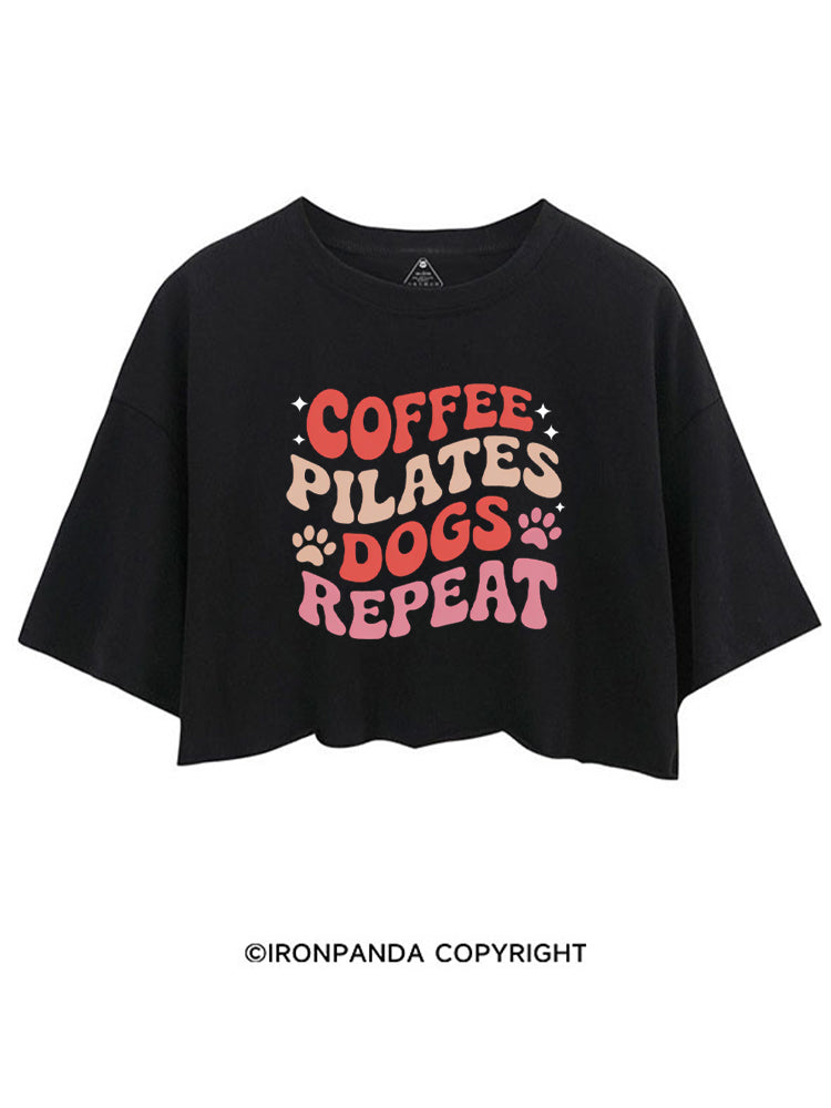 COFFEE PILATES DOGS REPEAT CROP TOPS