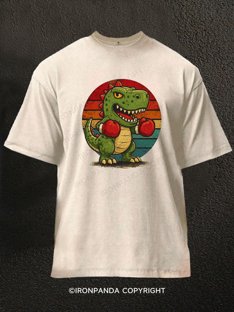 Funny Dinosaur with Boxing Gloves Washed Gym Shirt