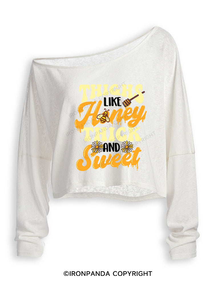 THIGHS LIKE HONEY THICK AND SWEET Off Shoulder Long Sleeve Crop Top