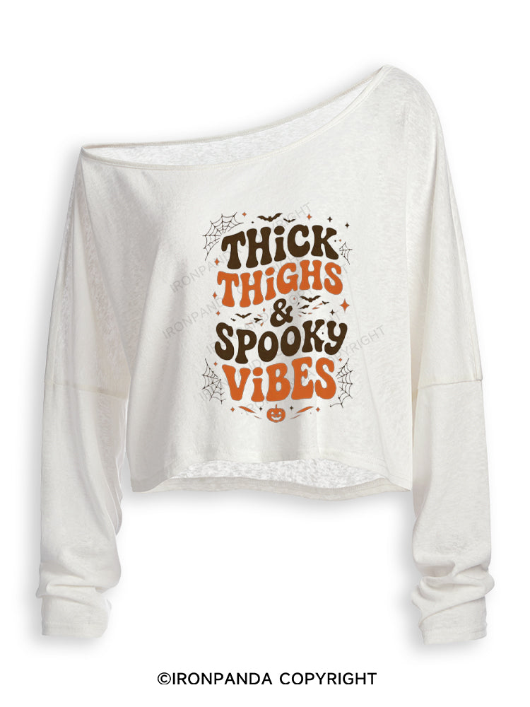 Thick Thighs And Spooky Vibes Skeleton Halloween Off Shoulder Long Sleeve Crop Top