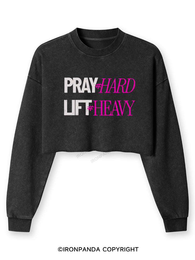 PRAY HARD # LIFT HEAVY GYM Washed Long-Sleeve Crop Top