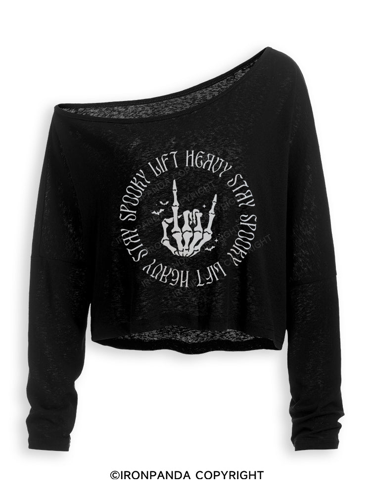 LIFT HEAVY STAY SPOOKY Off Shoulder Long Sleeve Crop Top