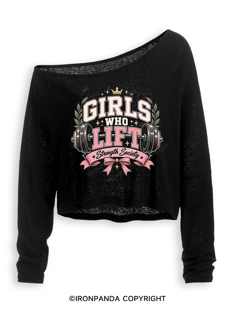 GIRLS WHO LIFT STRENGTH SOCIETY Off Shoulder Long Sleeve Crop Top