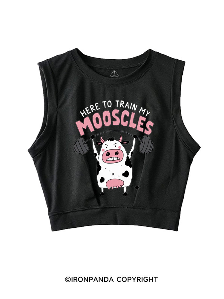 HERE TO TRAIN MY MOOSCLES SLEEVELESS CROP TOPS