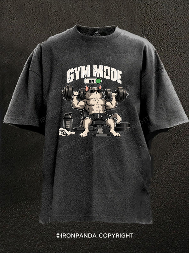 Gym Mode On Workout Cat Washed Gym Shirt