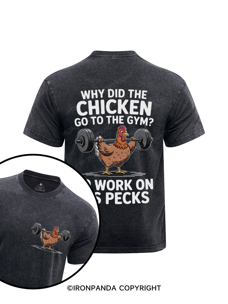 Why Chicken Go To The Gym Printed Washed Gym Shirt
