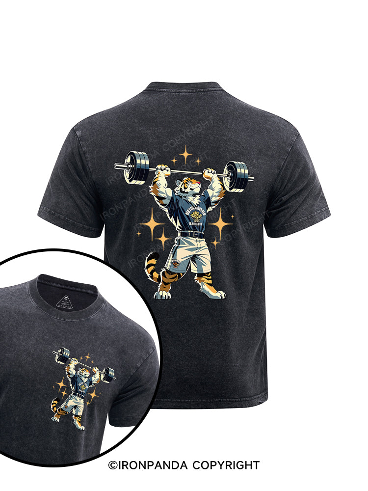 tiger at gym Printed Washed Gym Shirt