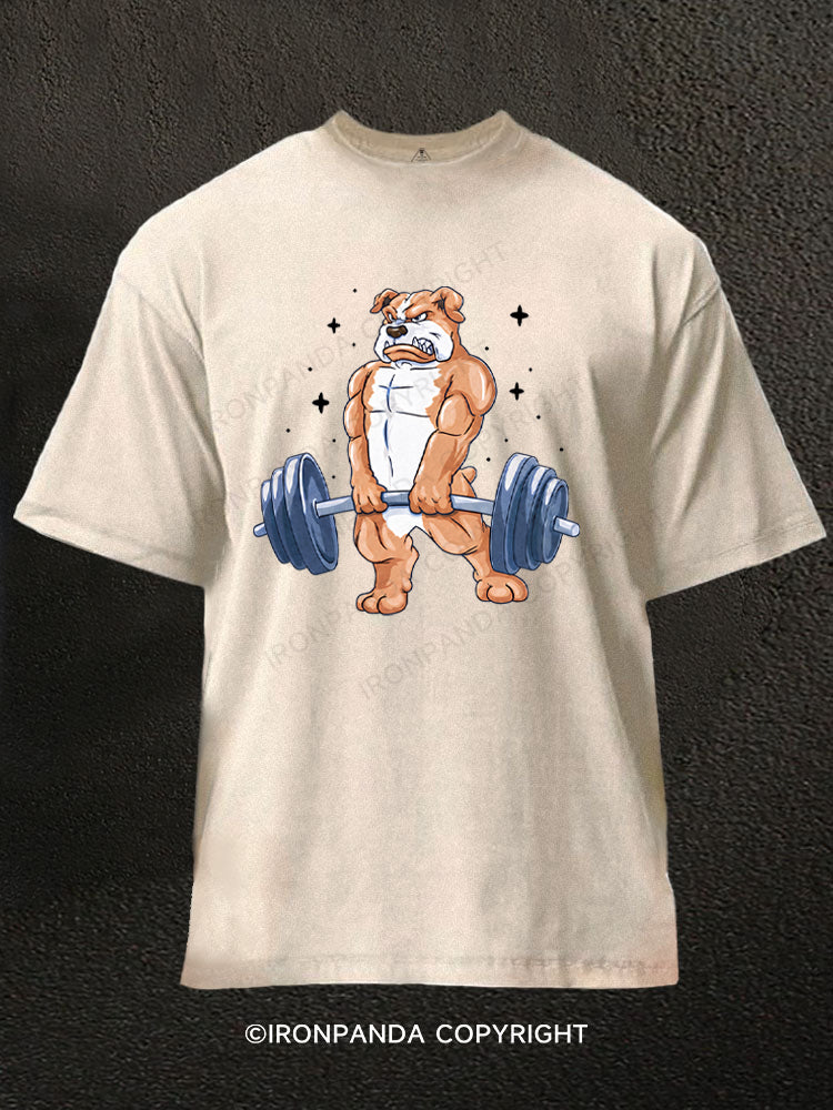 Bulldog Bodybuilder Barbell Washed Gym Shirt