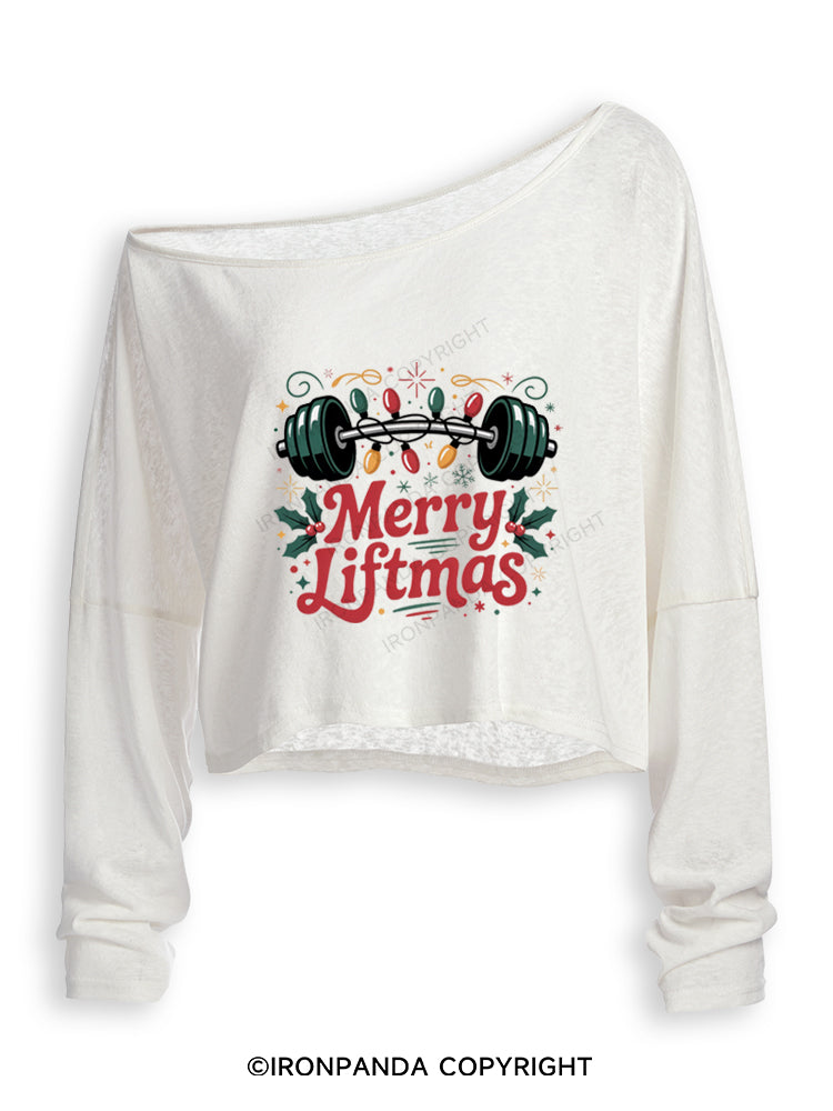 MERRY LIFTMAS GYM CHRISTMAS WEIGHTLIFTING Off Shoulder Long Sleeve Crop Top