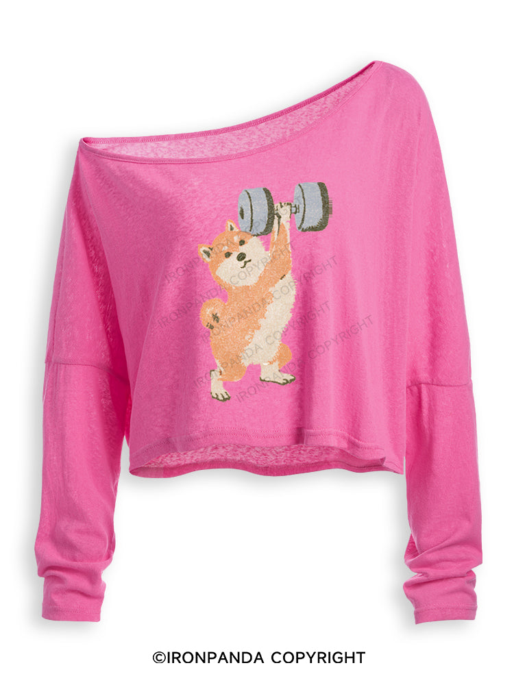 STRONG SHIBA INU LIFTING WEIGHTS Off Shoulder Long Sleeve Crop Top