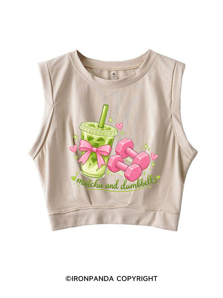 MATCHA AND DUMBBELL MATCHA LOVER SLEEVELESS CROP TOPS