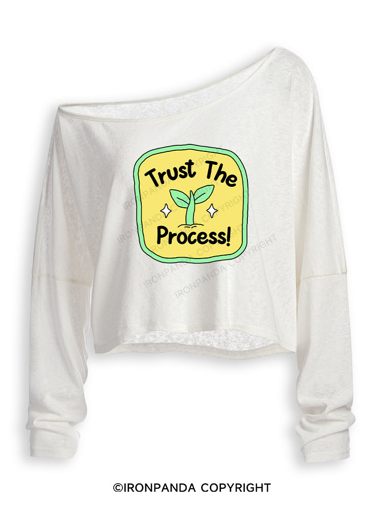 TRUST THE PROCESS! Off Shoulder Long Sleeve Crop Top
