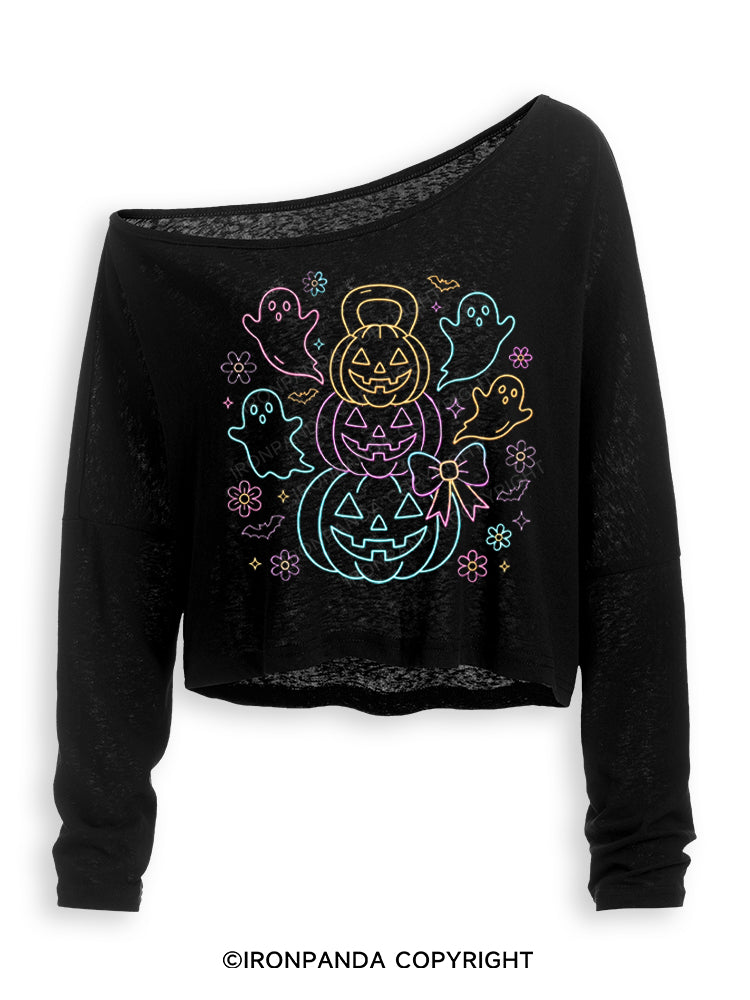 GHOSTLY KETTLEBELL PUMPKINS Off Shoulder Long Sleeve Crop Top