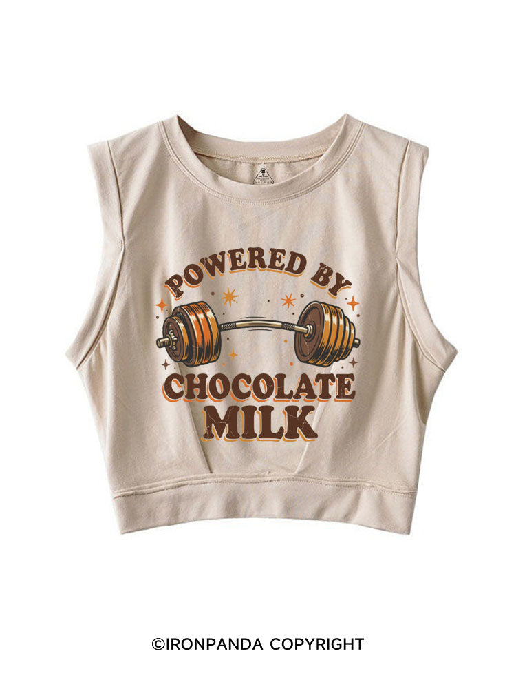 POWERED BY CHOCOLATE MILK FUNNY GYM SLEEVELESS CROP TOPS