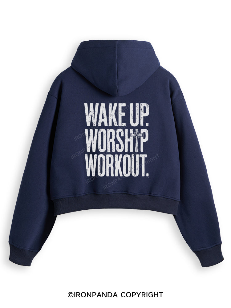 WAKE UP WORSHIP WORKOUT JESUS Fleece Crop Zip Up Hoodie