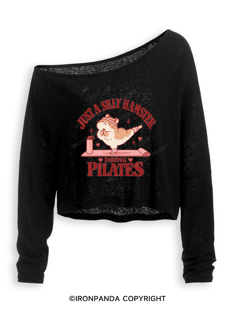JUST A SILLY HAMSTER DOING PILATES Off Shoulder Long Sleeve Crop Top