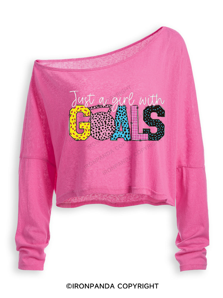 JUST A GIRL WITH GOALS COLORFUL GYM Off Shoulder Long Sleeve Crop Top