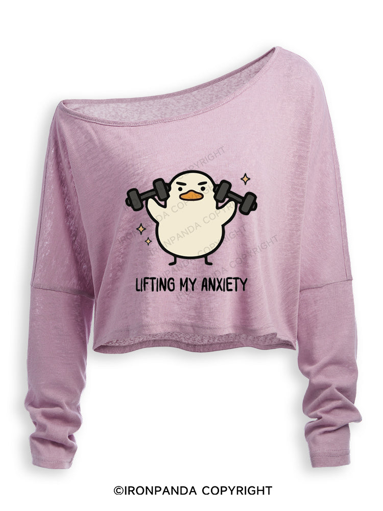 LIFTING MY ANXIETY WEIGHTLIFTING DUCK Off Shoulder Long Sleeve Crop Top