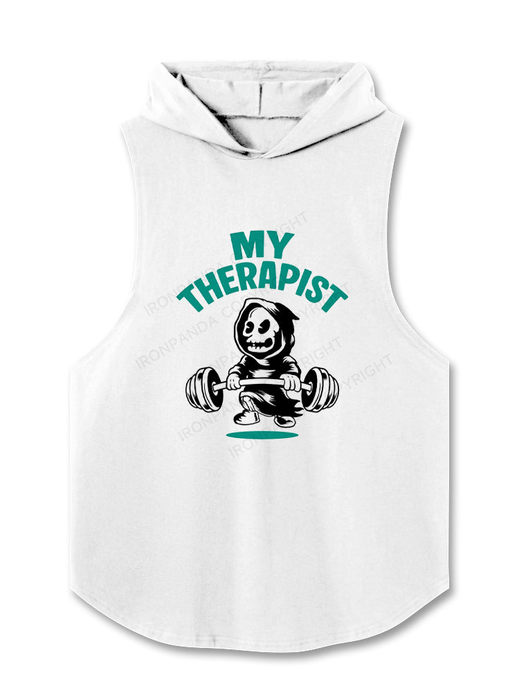 My Therapist Has A Barbell Funny Skeleton Hooded Tank