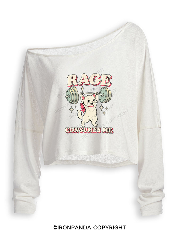 RAGE CONSUMES ME FUNNY CAT WEIGHTLIFTING Off Shoulder Long Sleeve Crop Top