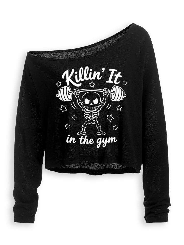 KILLIN' IT IN THE GYM SKELETON Off Shoulder Long Sleeve Crop Top