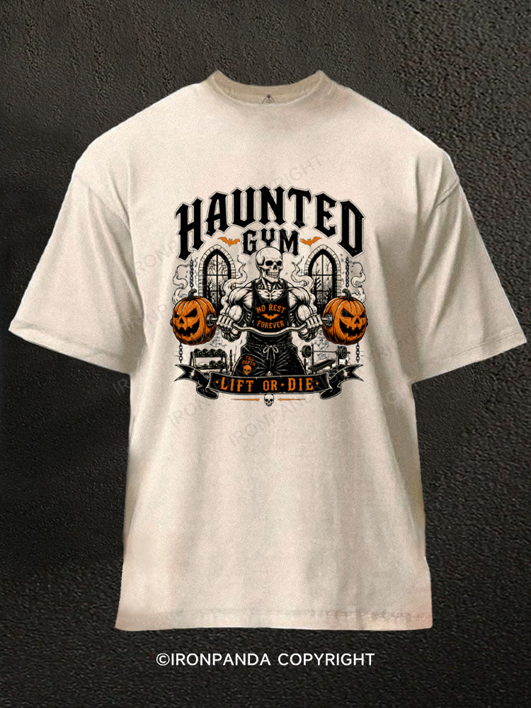 Haunted Gym Halloween Workout Skeleton Pumpkins Washed Gym Shirt
