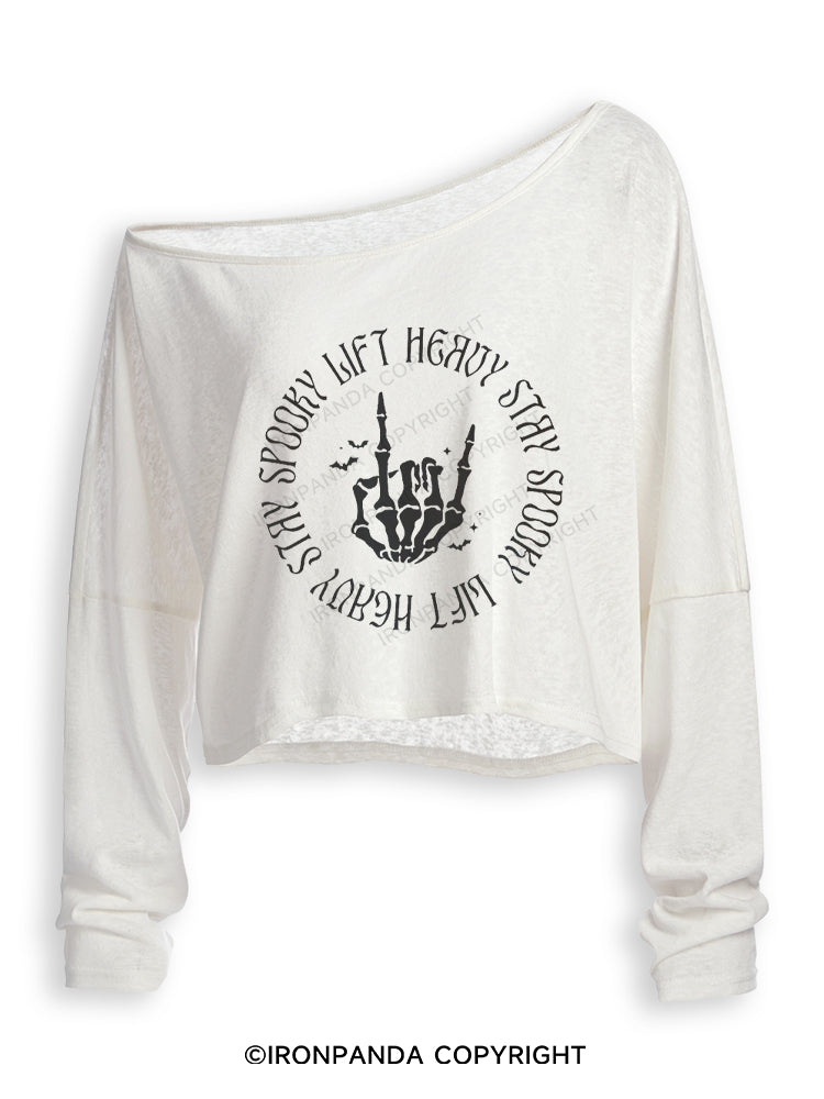LIFT HEAVY STAY SPOOKY Off Shoulder Long Sleeve Crop Top
