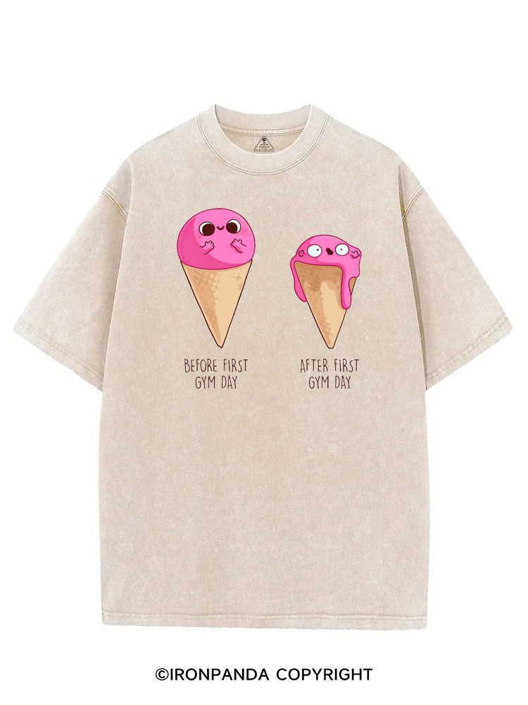 BEFORE AND AFTER FIRST GYM DAY FUNNY ICE CREAM VINTAGE GYM SHIRT