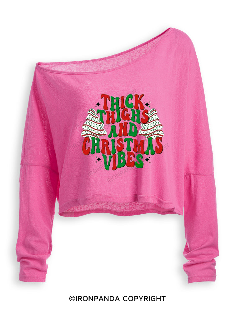 THICK THIGHS AND CHRISTMAS VIBES Off Shoulder Long Sleeve Crop Top
