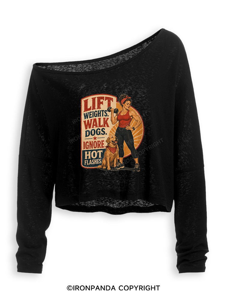 LIFT WEIGHTS WALK DOGS RETRO FITNESS Off Shoulder Long Sleeve Crop Top