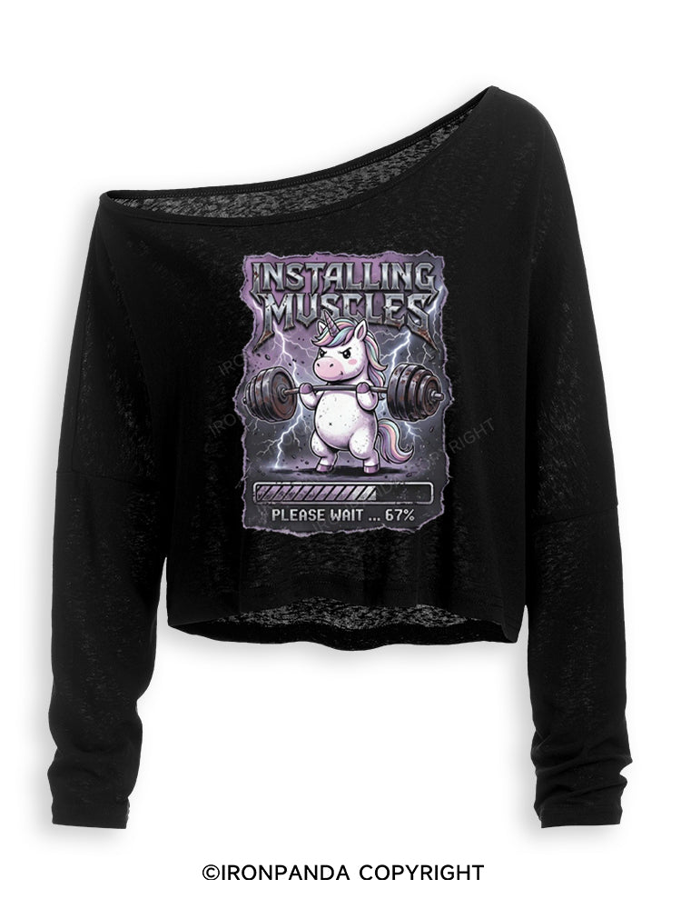 INSTALLING MUSCLES PLEASE WAIT 67% UNICORN Off Shoulder Long Sleeve Crop Top