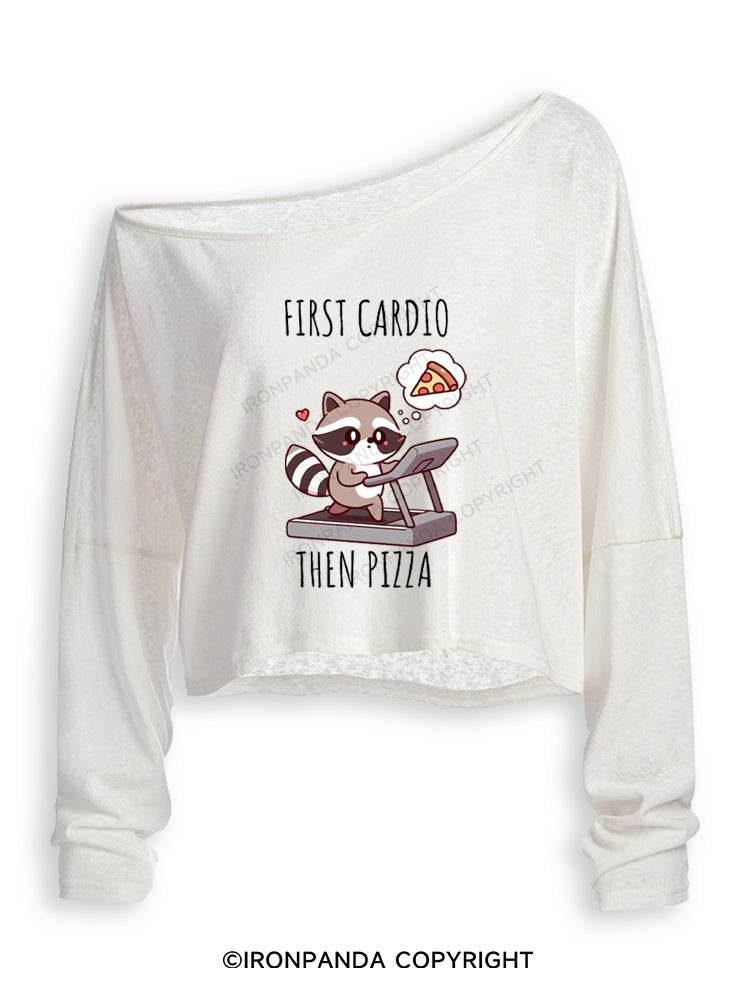 FIRST CARDIO THEN PIZZA CHEAT DAY RACCOON Off Shoulder Long Sleeve Crop Top
