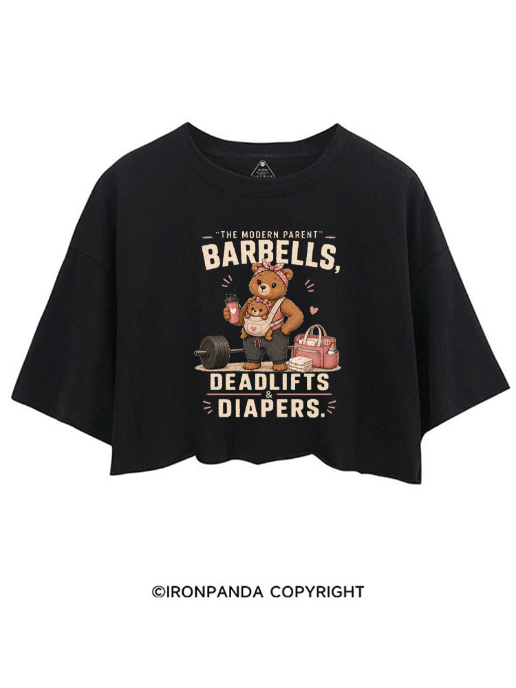 THE MODERN PARENT BARBELLS DEADLIFTS & DIAPERS GYM MOM BEAR CROP TOPS