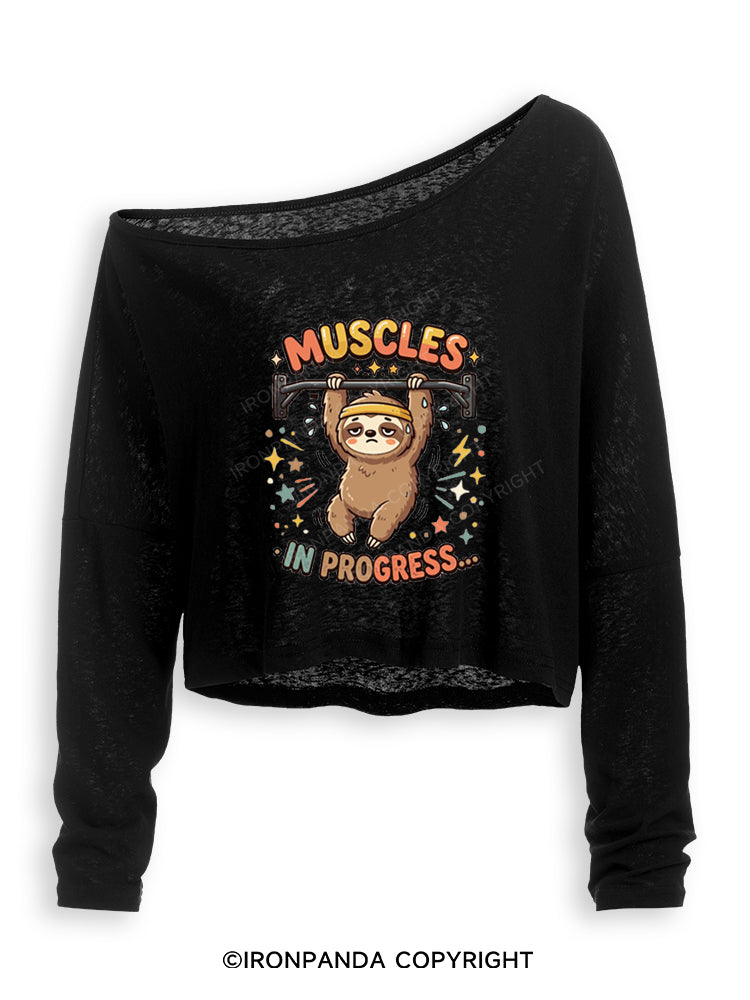 MUSCLES IN PROGRESS FUNNY SLOTH Off Shoulder Long Sleeve Crop Top
