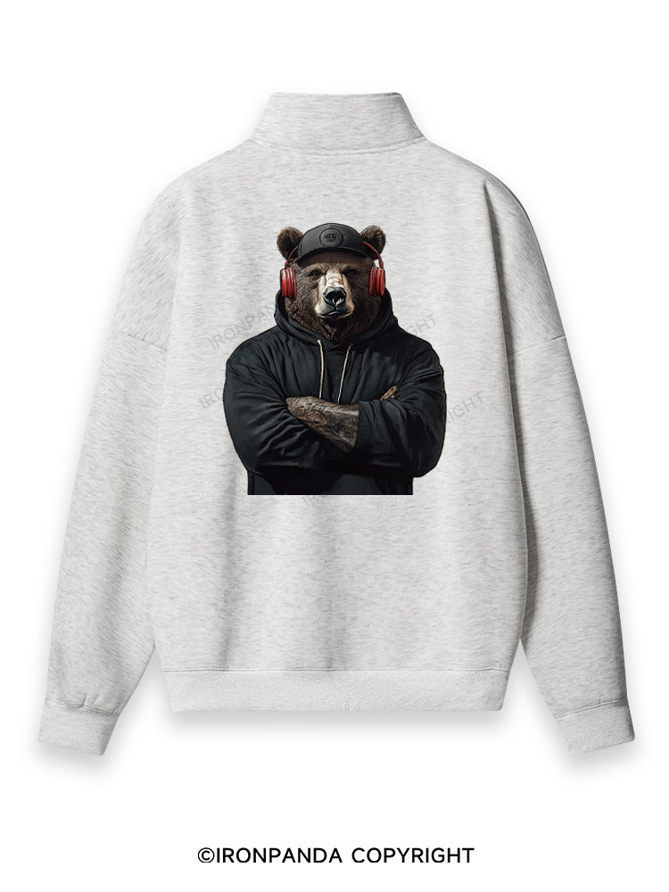 Bear with headphones Back Printed Quarter-Zip Fleece Sweatshirt