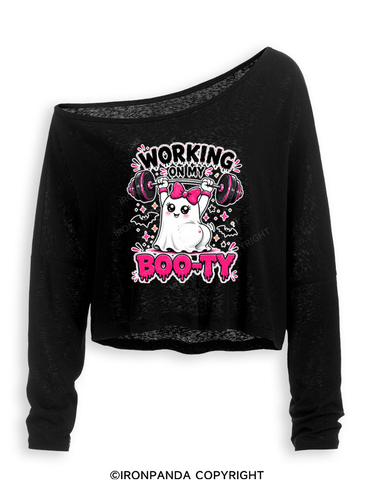 WORKING ON MY BOO-TY CUTE GYM GHOST Off Shoulder Long Sleeve Crop Top