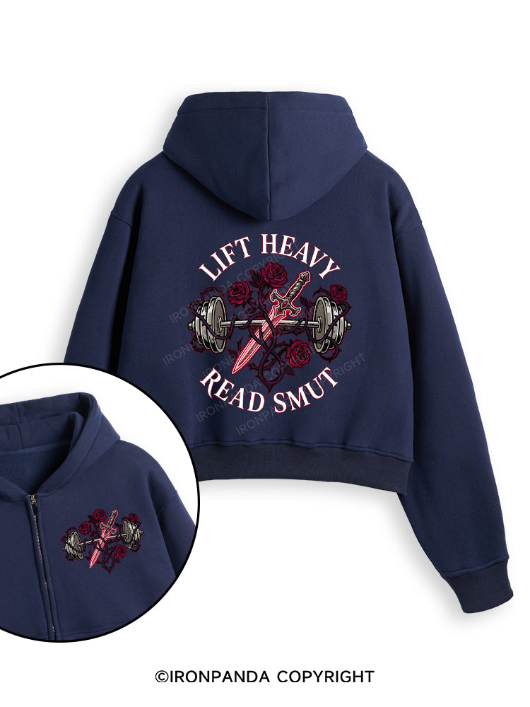 LIFT HEAVY READ SMUT Fleece Crop Zip Up Hoodie