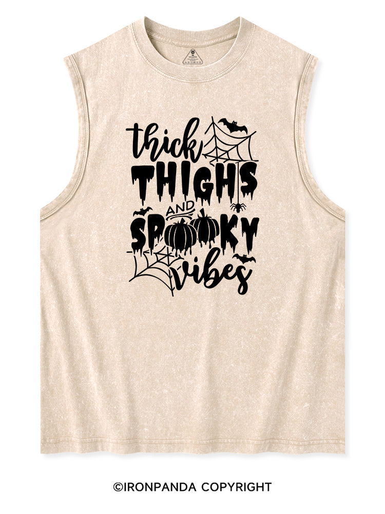 THICK THIGHS AND SPOOKY VIBES PUMPKIN HALLOWEEN Washed Tank
