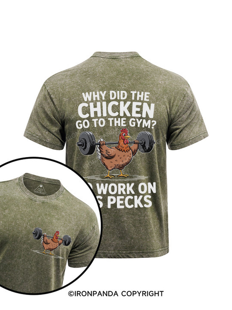 Why Chicken Go To The Gym Printed Washed Gym Shirt