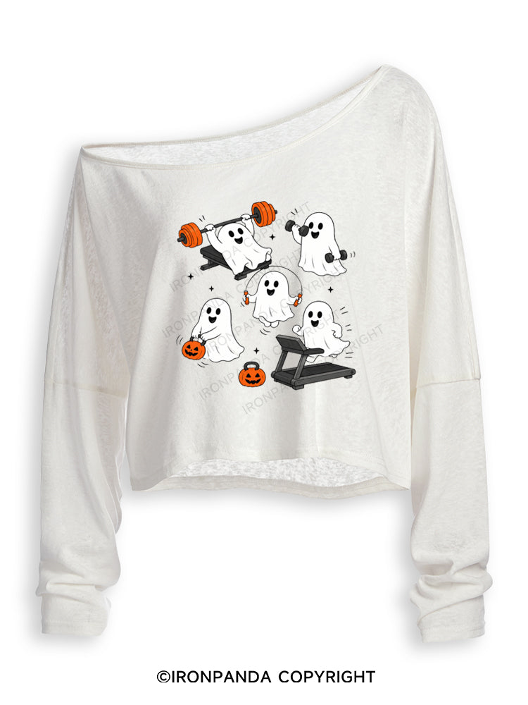 GHOST HALLOWEEN WORKOUT FITNESS Off Shoulder Long Sleeve Crop Top