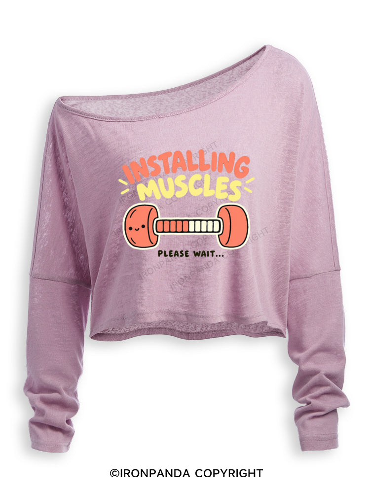 Installing Muscles Please Wait Smiling Dumbbell Off Shoulder Long Sleeve Crop Top