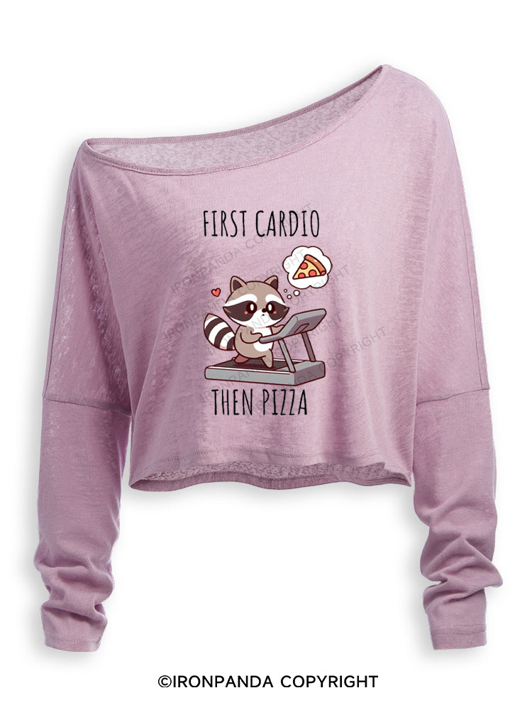 FIRST CARDIO THEN PIZZA CHEAT DAY RACCOON Off Shoulder Long Sleeve Crop Top